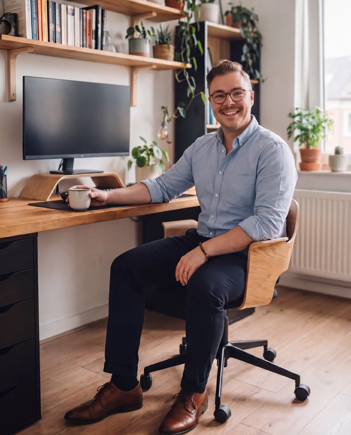 Marvin Nowozin, Freelance Webdesigner aus Neuss, sitzend am Arbeitsplatz mit Laptop