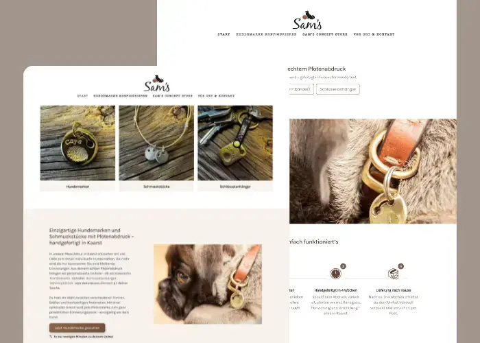 Website-Screenshot: Sam's Hundemarkenmanufaktur — handgefertigte Hundemarken mit Konfigurator