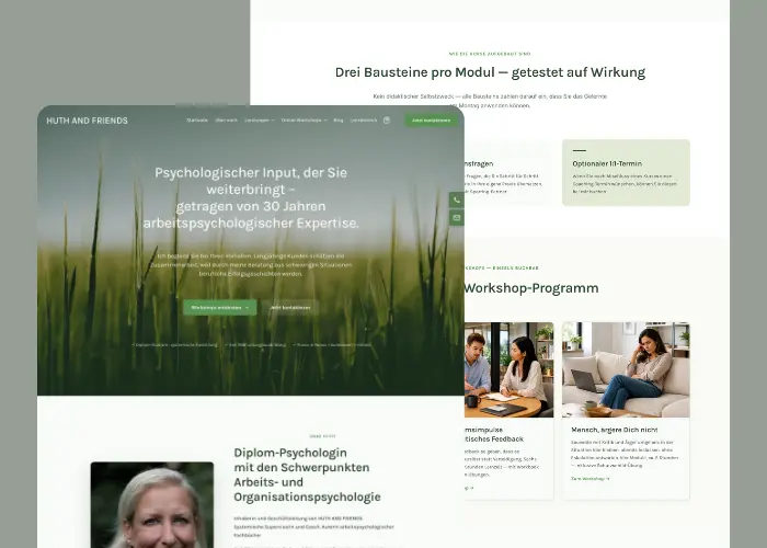 Website-Screenshot: HUTH AND FRIENDS — Online-Workshops und Beratung aus der Arbeitspsychologie