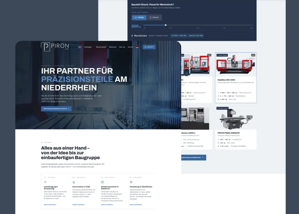 Website-Screenshot: Piron GmbH — Maschinenbau-Website mit Bauteil-Check und Maschinenpark